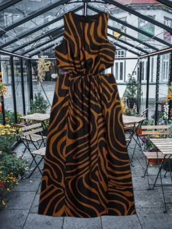 Banana Republic Brown Zebra Print Linen Blend Cut-Out Midi Dress Size:12 NWOT - Picture 1 of 12